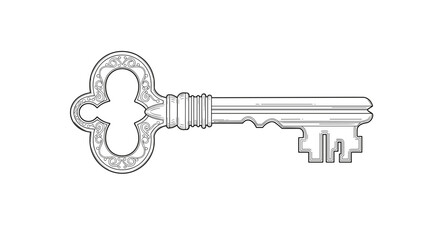 Detailed Line Art Illustration of a Vintage Skeleton Key on a White Background.