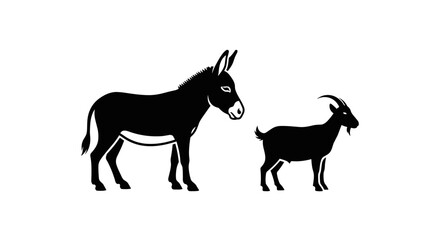 Donkey and Goat Silhouettes on White Background.