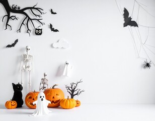 Halloween Decorations Pumpkins, Skeleton, Bats, and Ghosts on White Background