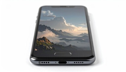 Fototapeta premium The modern smartphone displays a picturesque landscape of mountains and clouds against a bright white background, showcasing technology with a focus on the natural scenery within.