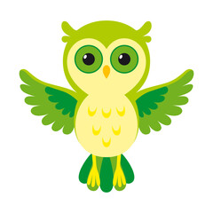 A pixel art owl with green eyes and yellow feathers flies gracefully