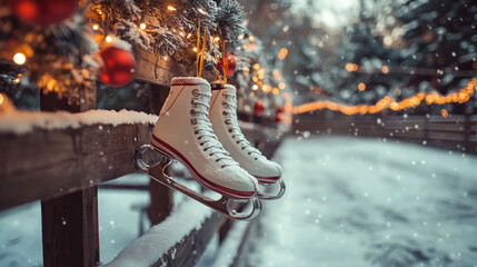 ice skates hanging from wooden fence with Christmas garlands, snowy outdoor scene, nostalgic winter style,