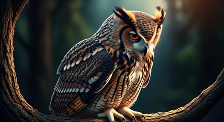 Majestic owl perched on a tree branch in a serene forest setting, looking intently.