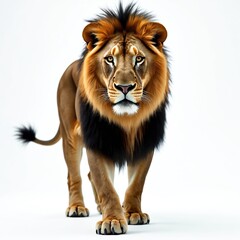 Obraz premium Majestic male lion with thick mane walks forward on white background, appearing powerful and regal. Animal portrait focuses on strength, wild nature and untamed beauty.