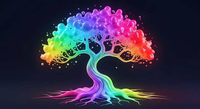 Vibrant rainbow tree with glowing roots and branches against a dark background