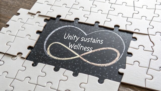 Concept of Wellness and Unity Illustrated Through Puzzle Pieces with an Infinity Symbol on a Dark Background - Powered by Adobe
