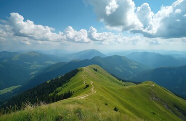 Fototapeta premium Green Carpathian mountain range under blue sky with white clouds. A winding path crosses grassy slopes leading to distant hazy peaks. Rich forests cover the valley below.