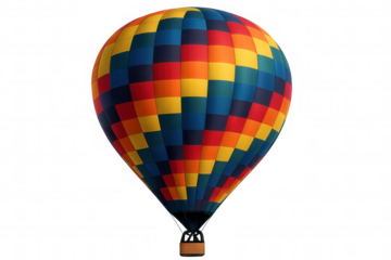 Hot air balloon flying, showing colorful checkered pattern, travel and adventure concept on transparent background