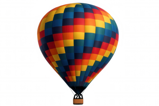 Hot air balloon flying, showing colorful checkered pattern, travel and adventure concept on transparent background
