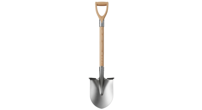 Isolated garden spade with wooden handle ready for digging and landscaping work in farm