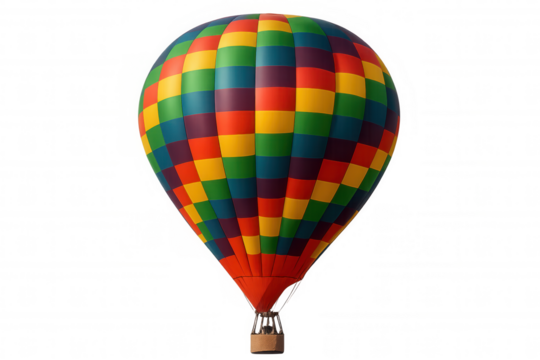 Colorful hot air balloon flying, adventure and freedom concept, vibrant checkered pattern on transparent background