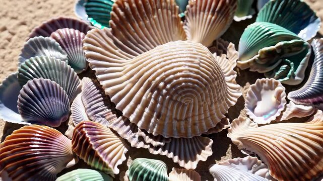 Vibrant seashell collection with pastel colors and natural textures sandy beach, circular shell arrangement highlights ocean nature and cheerful sand