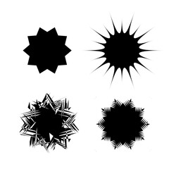 Abstract Starburst Shapes Set. Black Geometric Star and Sunburst Icons for Sale Stickers and Design Elements. Vector Illustration.