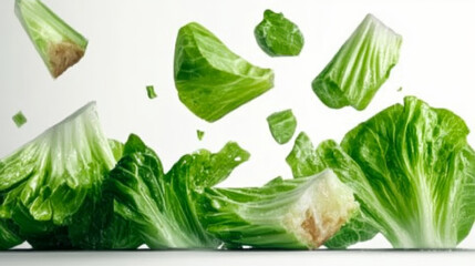 Dynamic image of crisp lettuce pieces falling through the air. Fresh, vibrant green for healthy eating concepts.