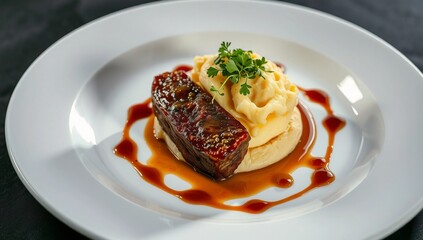 meatloaf mashed potatoes fine dining gourmet plated restaurant style microgreens elegant presentation  
