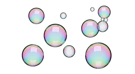 Isolated colorful bubbles floating in the air, clear soap spheres, iridescent reflections