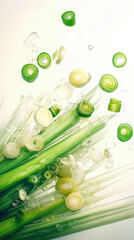 Bright green vegetable slices and stalks on white background. Fresh ingredients for healthy cooking, top view close up.