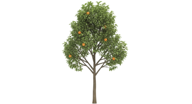 Isolated mandarin tree, full height, with vibrant green leaves and ripening orange fruit