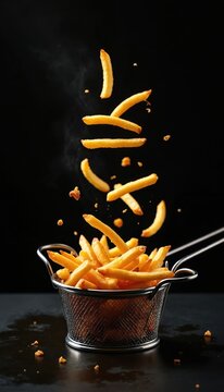 Golden fries spill out of metal basket. French fries jump out of frying basket on black background. Crispy potato sticks fly through air, some crumbs fall on dark table.