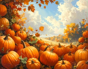 Naklejka premium Autumn Pumpkins Landscape Fall Harvest, Thanksgiving Background