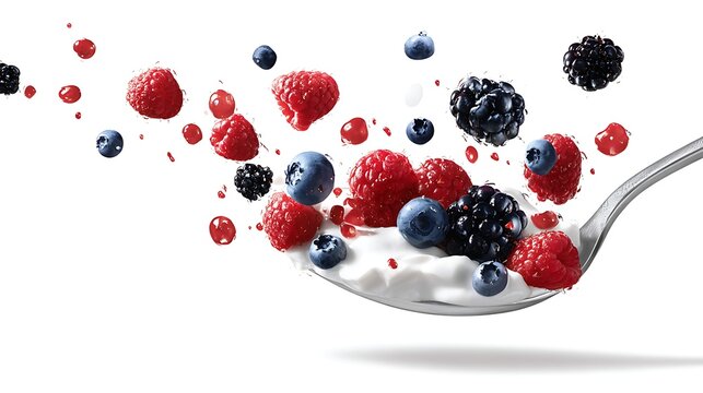 Spoonful of Greek Yogurt Topped with Raspberries, Blackberries, and Blueberries on a White Background