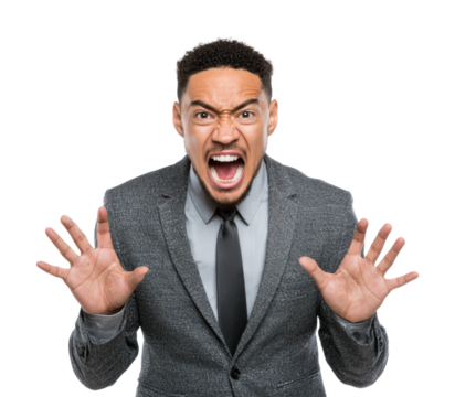 Expressive anger display by businessman portrait isolated on transparent background