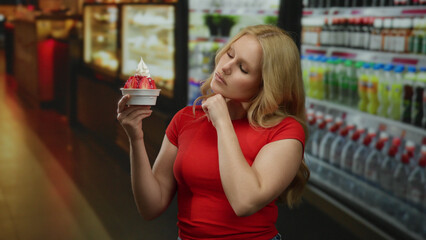 Woman contemplating a strawberry ice cream in a grocery store aisle, standing indoors with a thoughtful expression, surrounded by colorful beverages in the display.