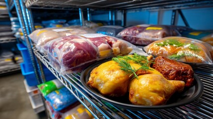Fototapeta premium A shelf full of meat and poultry, including chicken, beef, and pork
