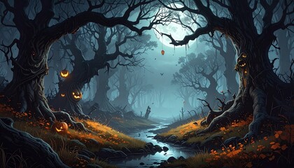 Halloween Forest Spooky Night, Moonlight, Pumpkins, Dark Trees