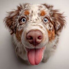 A close-up portrait of a playful dog with blue eyes and a spotted coat, looking directly at the camera with its tongue out