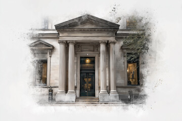 Exterior of bank. Classis building against white background. Watercolor digital art