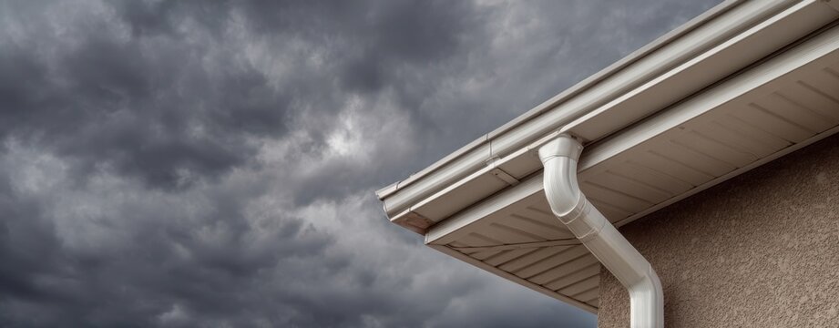 The Gutter and Downspout on a House Corner Under Dramatic Storm Clouds