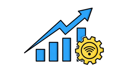 Isolated Conceptual Icon Depicting Technical Progress With Gear, Graph Arrow Up, and Columns