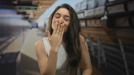 Fototapeta premium Woman in white tank top blowing kiss with hand at lips on sunlit boat deck at sea with long hair flowing in breeze; affection.