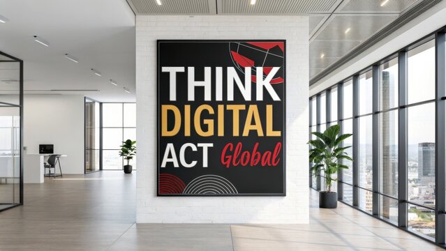 Modern Office Interior with Inspirational Wall Art Promoting Digital Concepts and Global Thinking