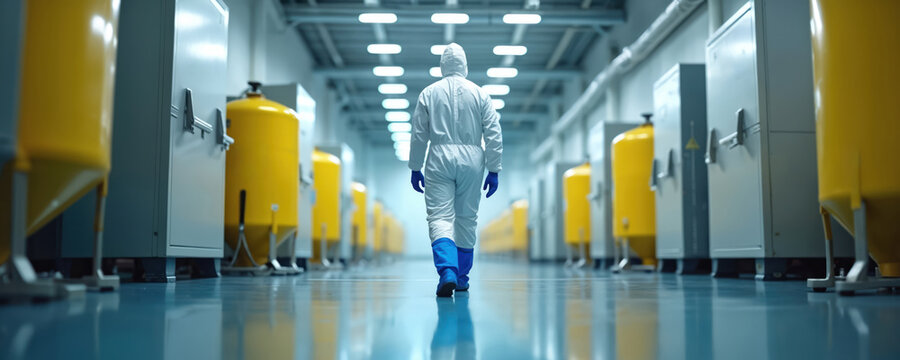 Person in protective suit walks down sterile corridor lined with yellow tanks and equipment. Cleanroom operations and industrial cleaning procedures are visible.