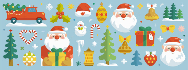Merry Christmas and Happy New Year decoration element set isolated on blue background. Cartoon santa, gift box, snowman. Holiday icon collection in modern flat style. Vector illustration