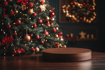 Round wooden podium displaying product with christmas tree background with lights and ornaments creating a festive atmosphere. Ideal for business events or promotions, with space for text or products