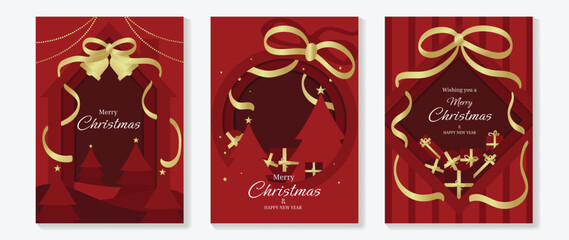 Naklejka na ściany i meble Christmas greeting card vector with golden bow, gift, pine tree, festive decoration and holiday background illustration Naklejka na ściany i meble Christmas greeting card vector with golden bow, gift, pine tree, festive decoration and holiday background illustration