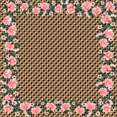  A hand-drawn floral frame design featuring pink flowers around a brown checkered background. Perfect for textile prints, scarf designs, and decorative patterns