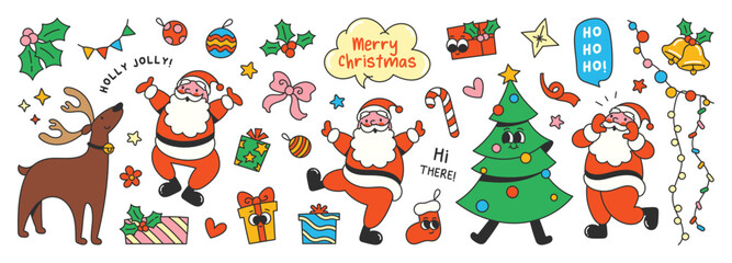 Christmas cartoon vector with funny Santa, reindeer, tree, gift, candy cane, ornament and festive holiday illustration