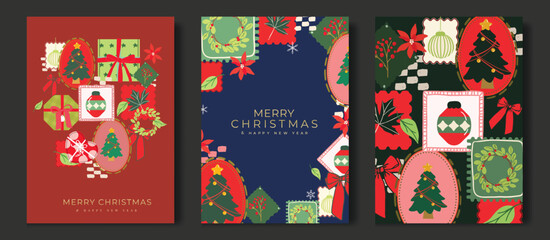 Naklejka na ściany i meble Christmas greeting card vector with festive pattern, pine tree, gift, ornament, ribbon and holiday decoration illustration Naklejka na ściany i meble Christmas greeting card vector with festive pattern, pine tree, gift, ornament, ribbon and holiday decoration illustration