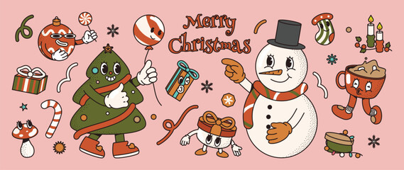 Fototapeta premium Christmas cartoon vector with retro funny snowman, tree, gift, cocoa, ornament and festive holiday decoration illustration