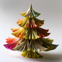 Colorful origami paper Christmas tree on a white background.