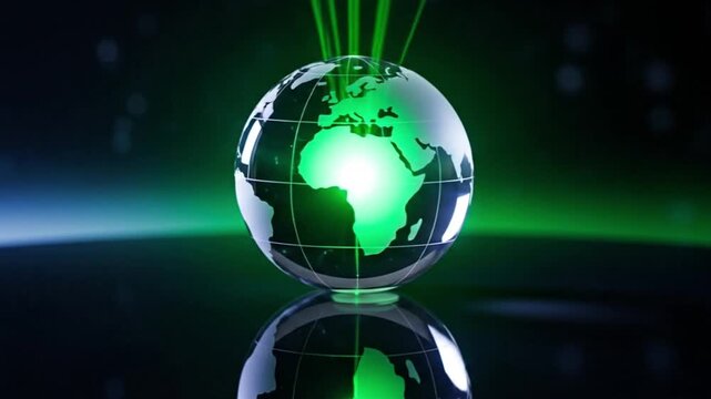 A simple and elegant glowing green globe represents the future of global connectivity and digital transformation