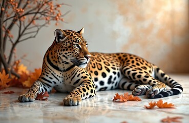 Obraz premium Spotted leopard reclines on shiny marble floor in dry autumn leaves. Elegant wild cat with spotted fur rests near bare tree branches and orange foliage. Animal exhibits grace.