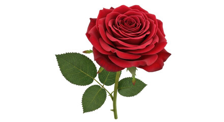 Isolated deep red rose blossom, romantic petals, green leaves, gift, nature beauty, love symbol