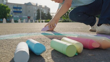 rainbow Kid child baby boy girl happy family, child dream, Cute kid painting Earth, chalk on ground art, eco drawing by child, knowledge through play, boy kneeling to draw, focus and creativity, child