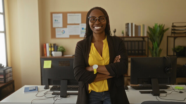 Confident woman smiling in a bright office setting with crossed arms, showcasing empowerment and professionalism at work, surrounded by modern office decor and equipment.