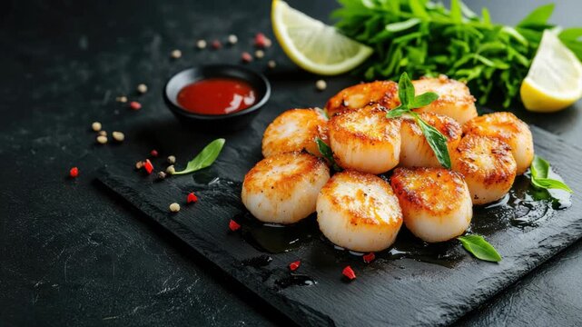 Cooked scallops on slate plate with sauce, herbs, and lemon wedges
